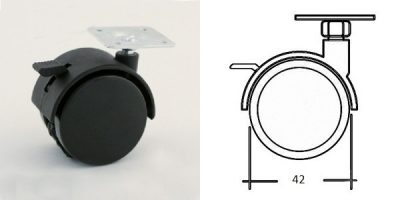 Kolečko plast s plot. 42mm černé s brzdou, 25kg