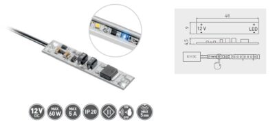 Spínač bezdotykový do LED profilu s kabelem 2m (2×0.20), 12V/60W, 5A, s lepící páskou