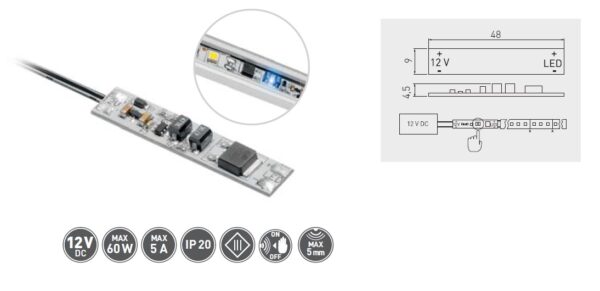 Spínač bezdotykový do LED profilu s kabelem 2m (2x0.20), 12V/60W, 5A, s lepící páskou
