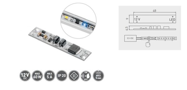 Spínač bezdotykový do LED profilu, 12V/60W, 5A, s lepící páskou