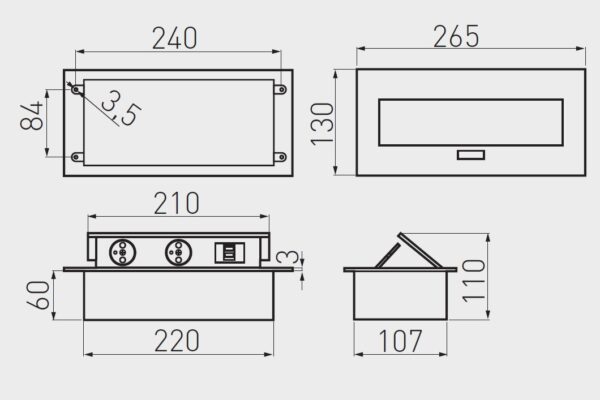 Zásuvkový el. box vyklopný 2x zasuvka 2x USB 2A 5V černý AE-PBU2GU-20