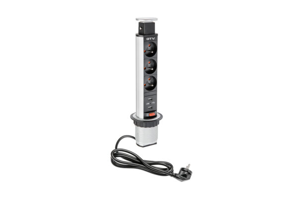Zásuvková el. věž 3x zasuvka 2x USB 5V 2A, stříbrná AE-BPW3U60U-80