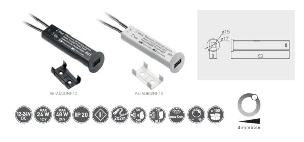 Spínač Univerzální bezkontaktní, černý, 12V/24W, 24V/48W, 2A, stmívatelný, mini AMP
