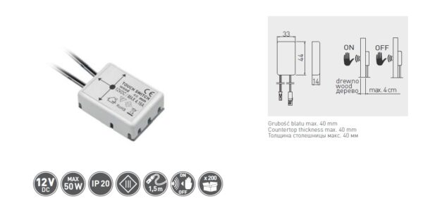 Spínač pod desku, material o síle do 40mm, 12V/50W, 4A, kabel 150mm, mini AMP