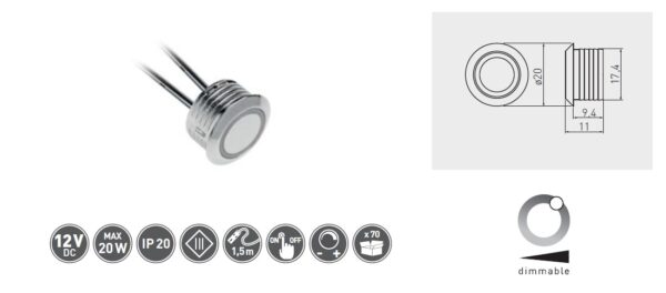 Spínač dotykový stmívatelný 12V/20W, kabel 1500mm, chrom, mini AMP