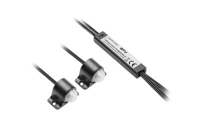 Spínač bezdotykový PIR, 2 sensory, kabely 2m, černý, 12V/24V, 24W/48W,2A, mini AMP