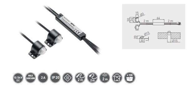Spínač bezdotykový PIR, 2 sensory, kabely 2m, černý, 12V/24V, 24W/48W,2A, mini AMP