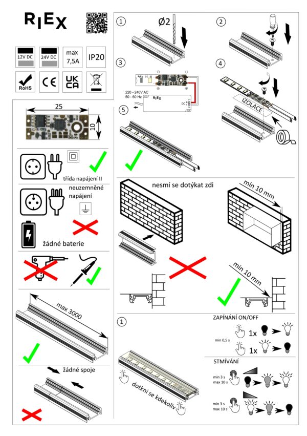 Spínač dotykový do LED profilu, 12V-24V/90W, 7,5A, modrá dioda