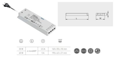 Trafo LED SLIM EASY CLICK 12V,30W, input 220-240VAC, IP20,  6x miniAMP konektor