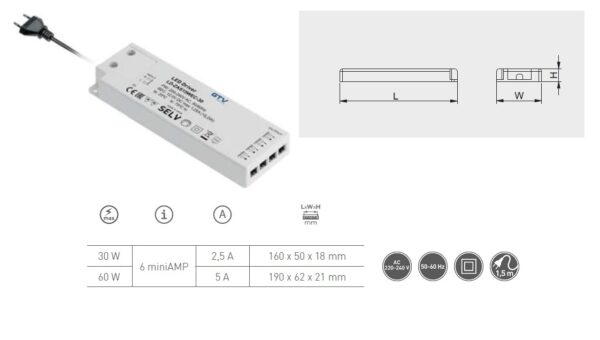 Trafo LED SLIM EASY CLICK 12V,30W, input 220-240VAC, IP20,  6x miniAMP konektor